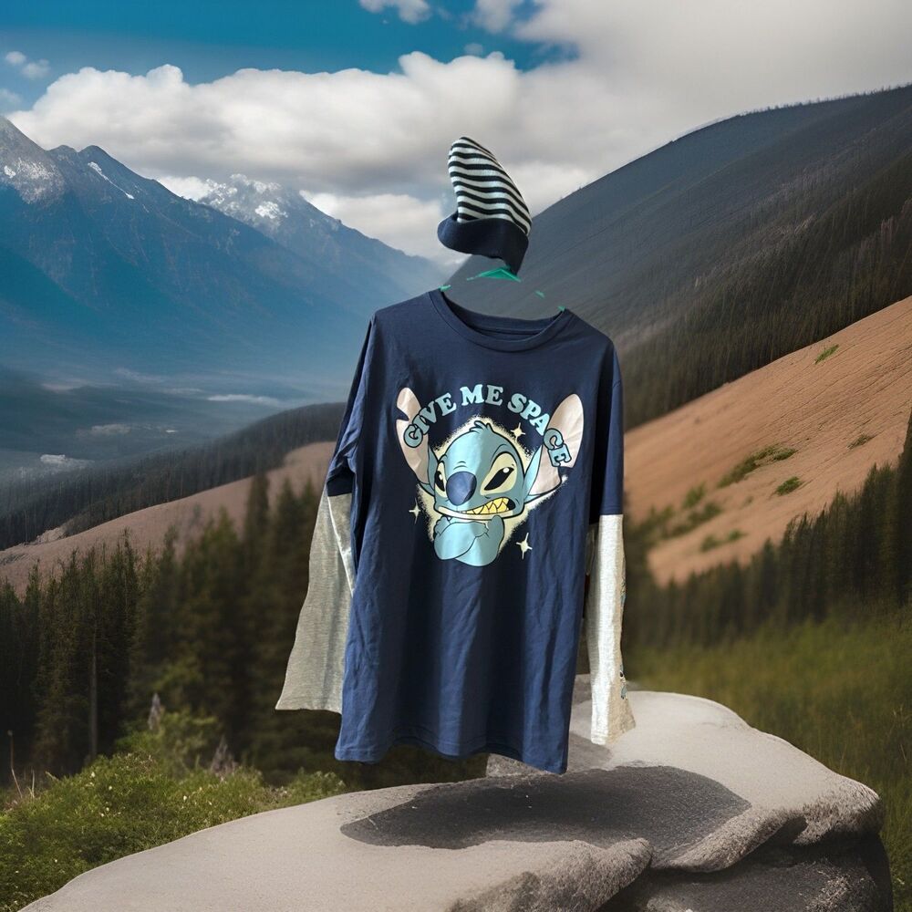 Disney Stitch 'Give Me Space' XL Shirt Long Sleeve Navy and Gray and beanie